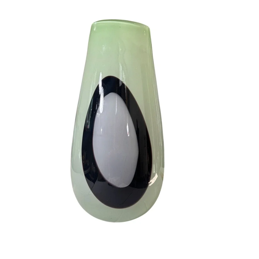 Large Artisan Murano Hand-Blown Glass Vase Mint Green Purple Abstract Eye 15.5in